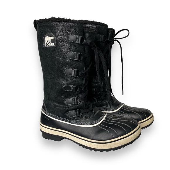 Sorel Tivoli Black White Leather Tall Lace-Up Fleece Lined Winter Snow Boots 8.5 - Picture 1 of 9